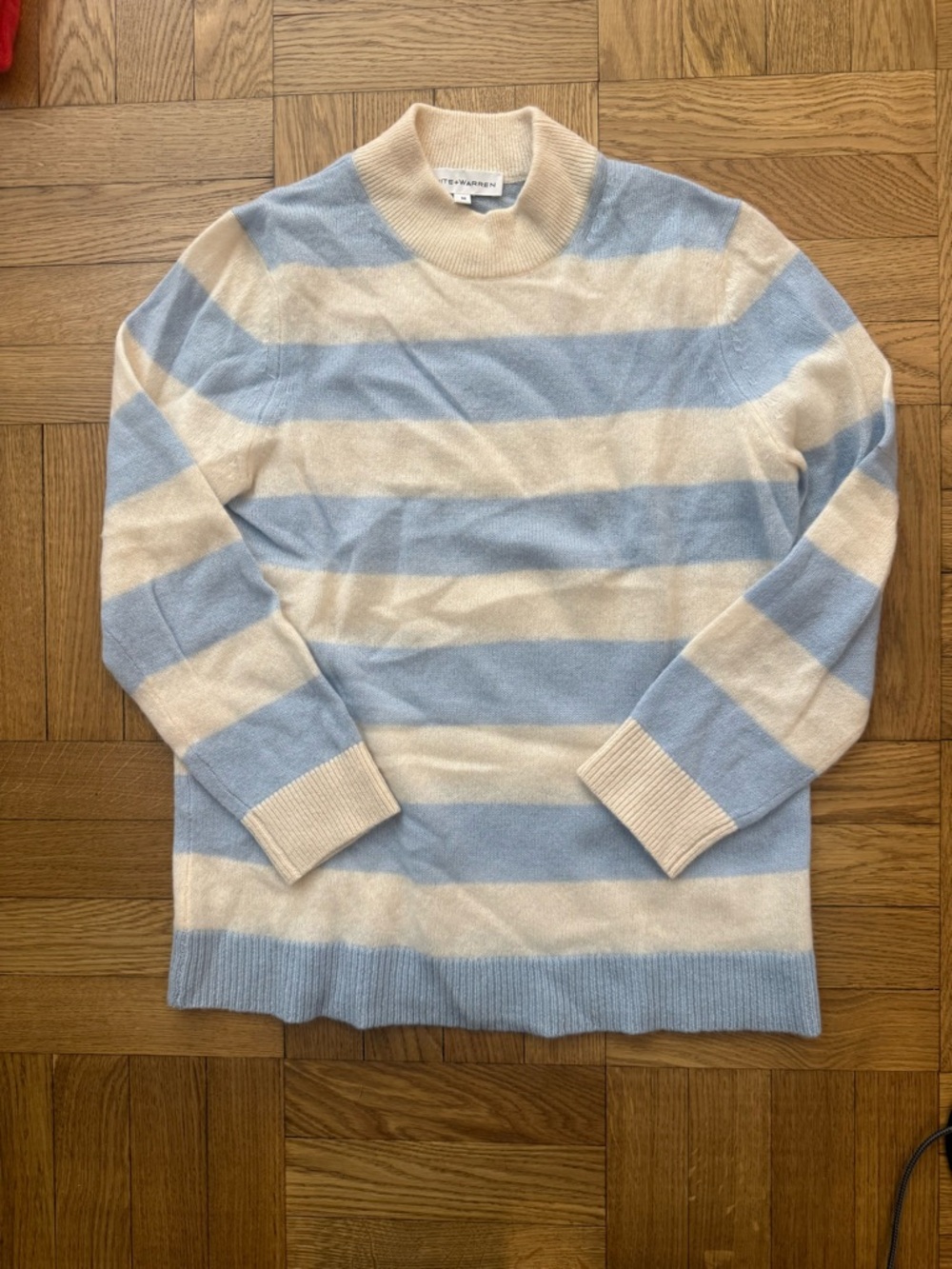 White + Warren 100% Cashmere Striped Mock Neck Sweater Blue Ivory Size M